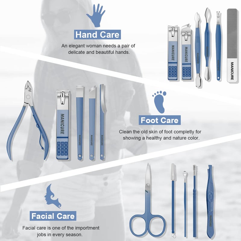 Leipple Manicure Set Professional Nail Clippers Pedicure Kit, 16 pcs Stainless Steel Nail Care Tools Grooming Kit with Luxurious Travel Leather Case for Thick Nails Men Women Gift (Blue) - Image 2